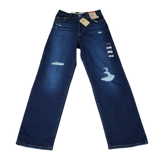 Levi's Ribcage Straight Ankle Stretch Jeans Dark Wash Blue Size 26x27 Ripped - Picture 2 of 9